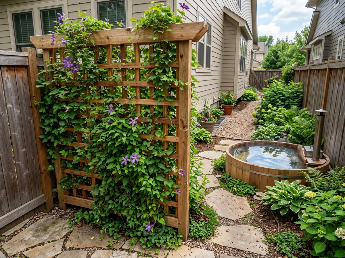 DIY trellis with climbing vines creating hot tub privacy in a small Chisago County backyard