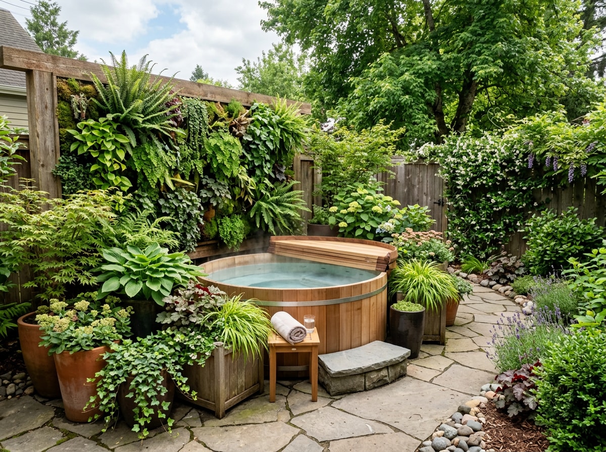 Layered planters and a small vertical living wall around a compact hot tub