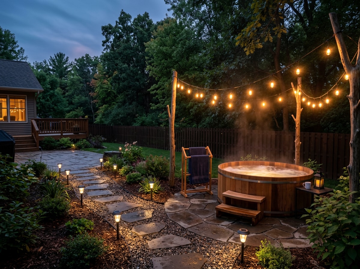 String lights and solar path lighting around a small backyard hot tub at dusk