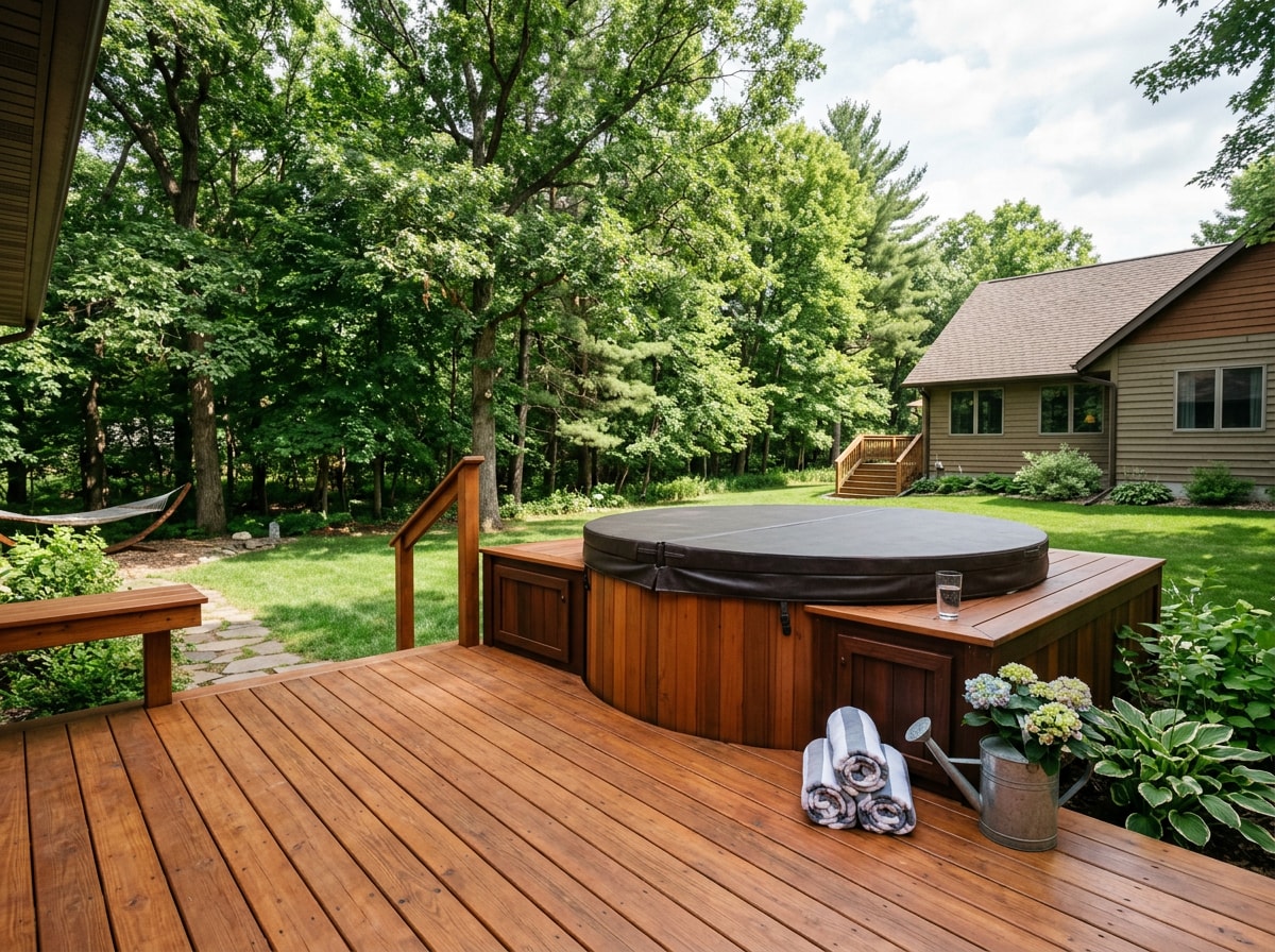 Hot tub integrated into an existing backyard deck as a budget-friendly base