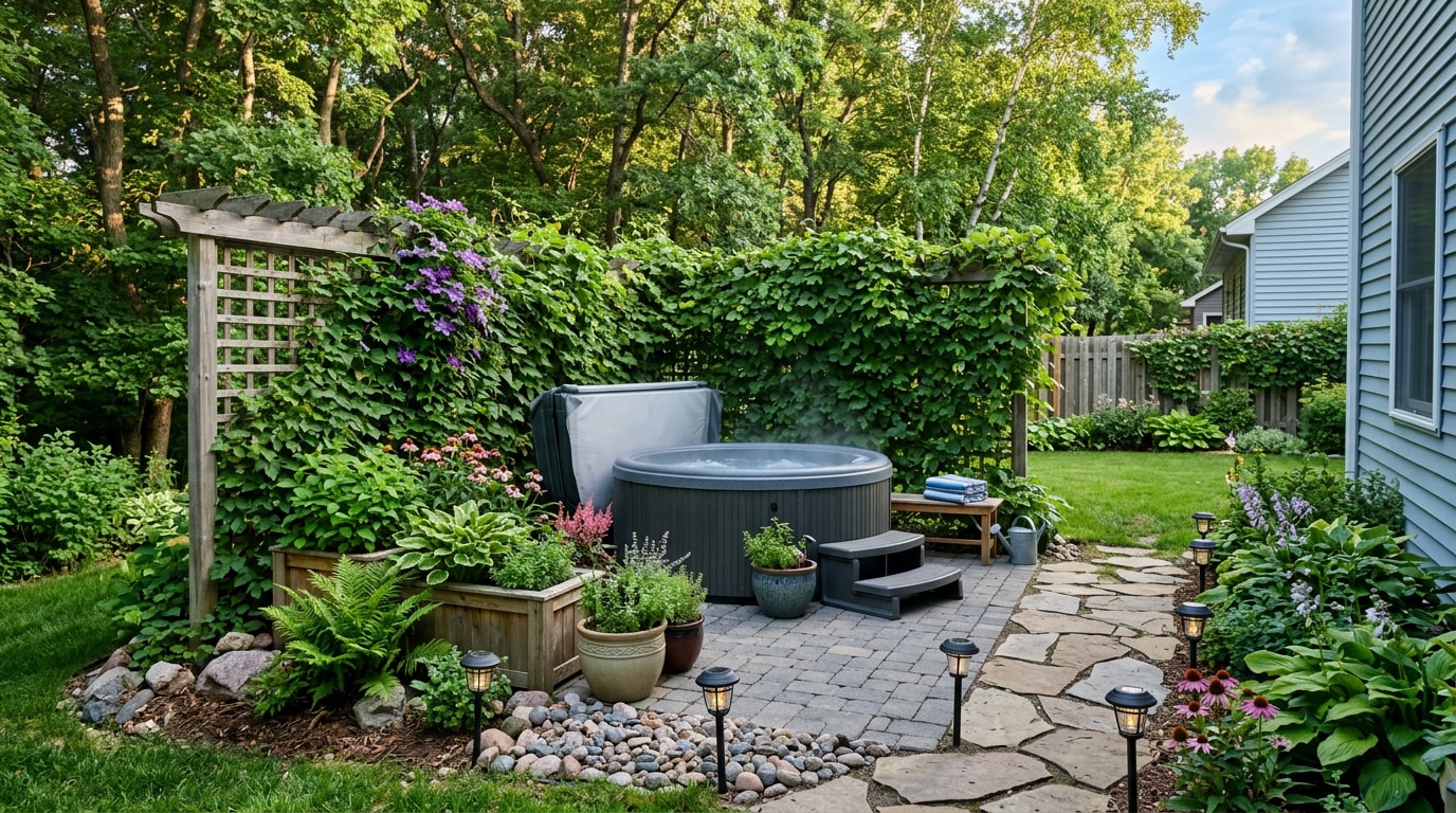 Small backyard hot tub landscaping on a budget in Chisago County, MN Small backyard hot tub landscaping on a budget in Chisago County, MN