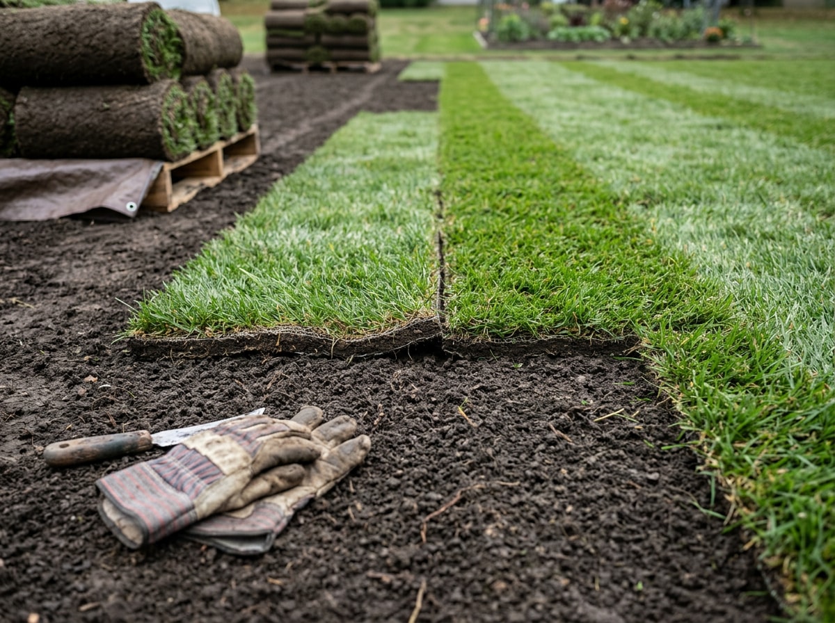Landscaper laying staggered rows of fresh sod with tight seams on a Wisconsin lawn