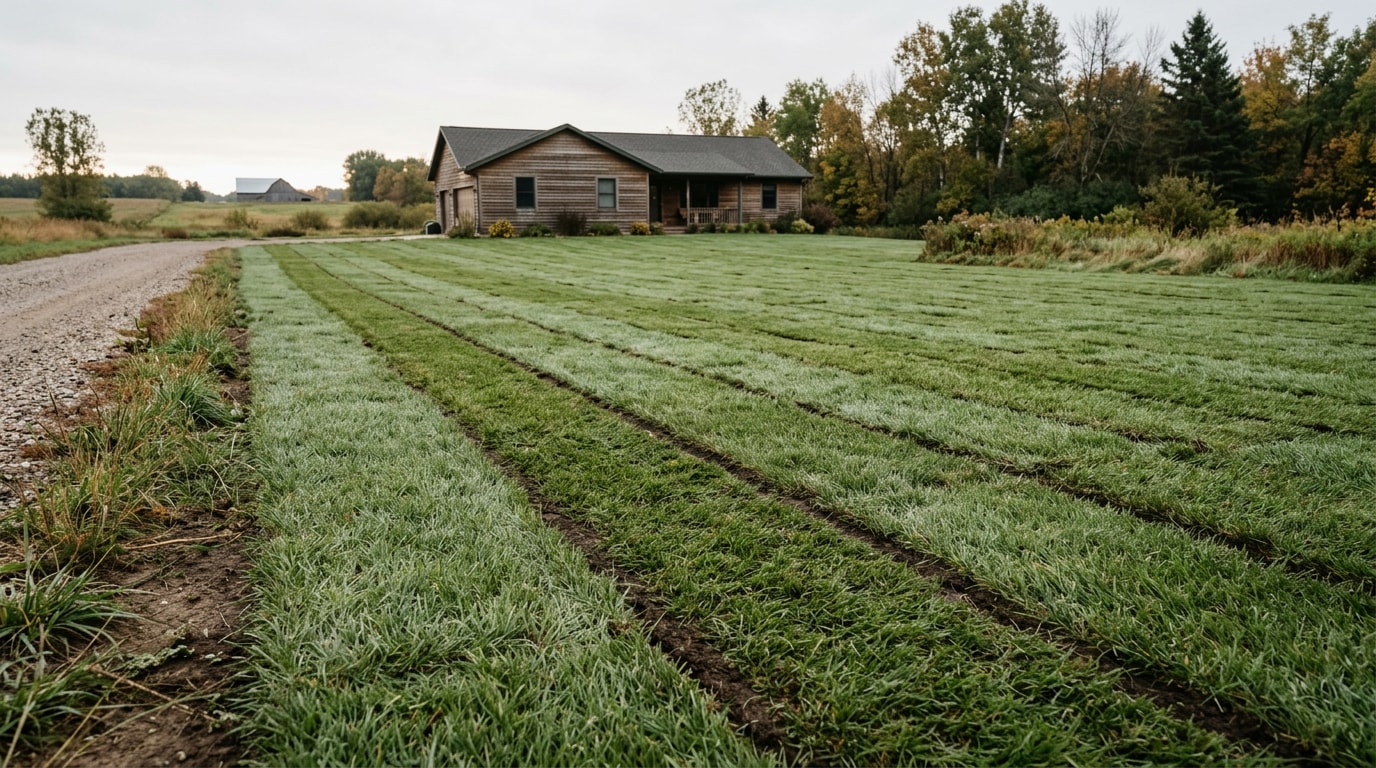 Freshly installed sod lawn in Polk County, Wisconsin with a home in the background