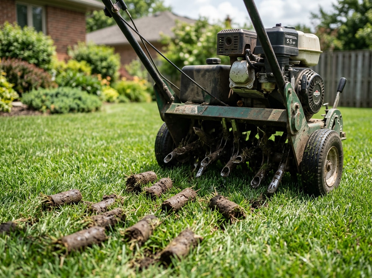Lawn aerator pulling soil plugs during core aeration service in Amery, WI