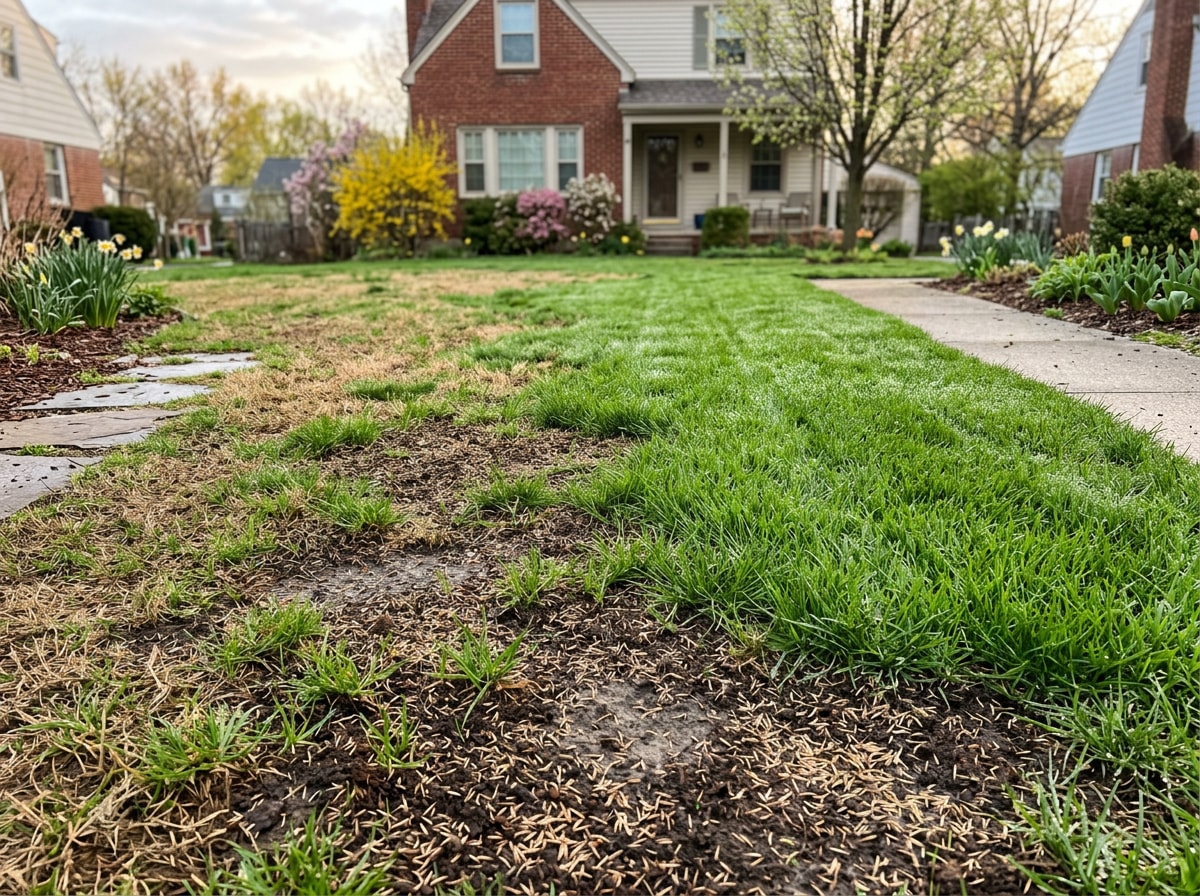 Early spring lawn care treatment addressing winter damage and overseeding in Amery, WI
