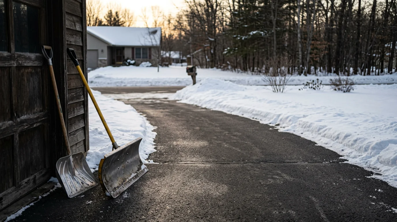 Snow removal truck clearing a residential driveway in Osceola during winter