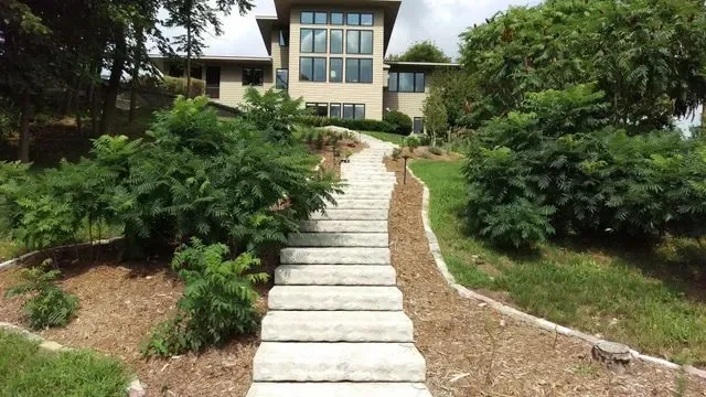 Concrete stepping stone pathway through landscaped yard with mulch beds and mature plantings