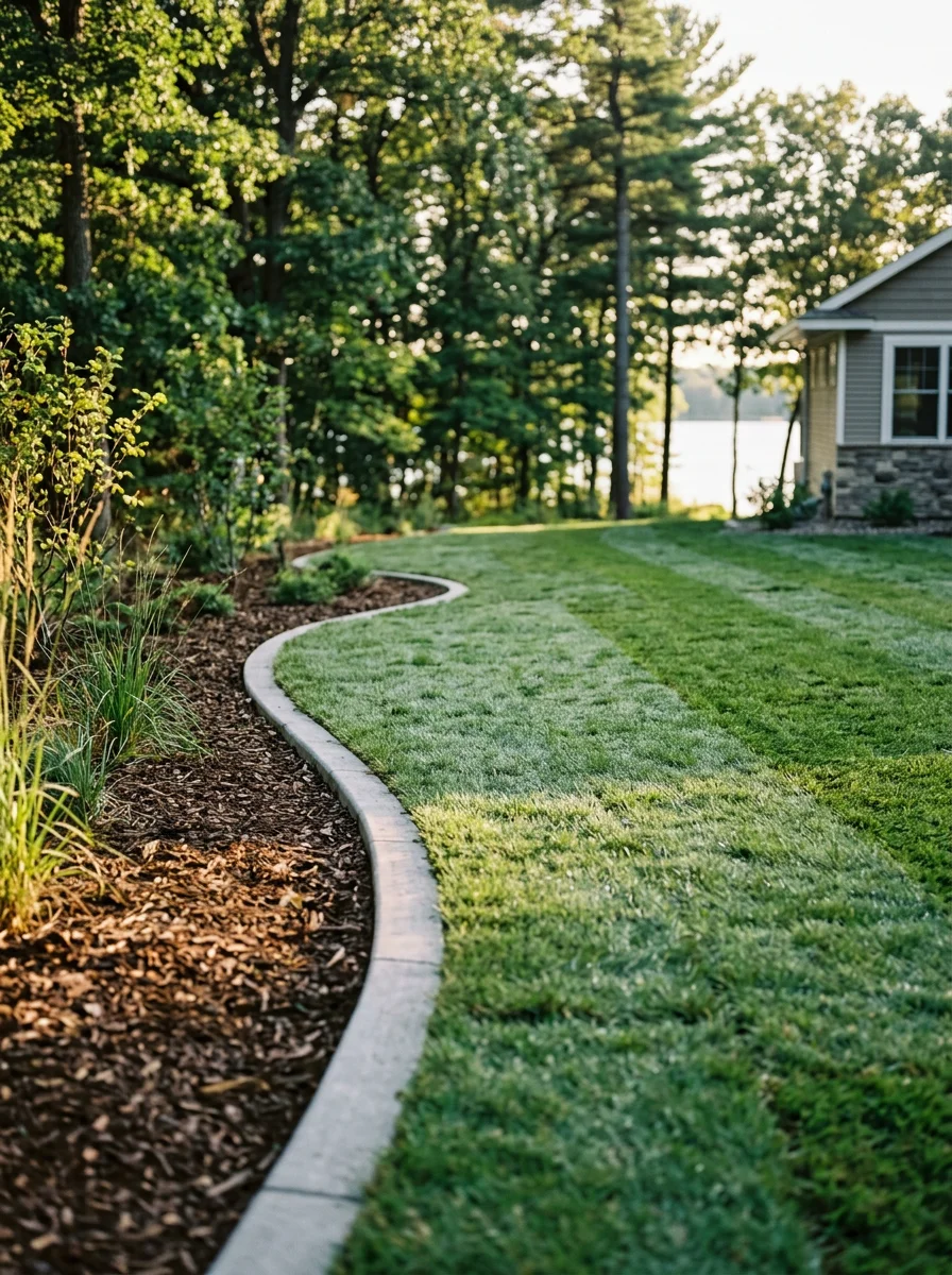 A freshly sodded lawn on an Amery, WI residential property with concrete curb edging defining the bed borders and a lake visible through the tree line in the background.