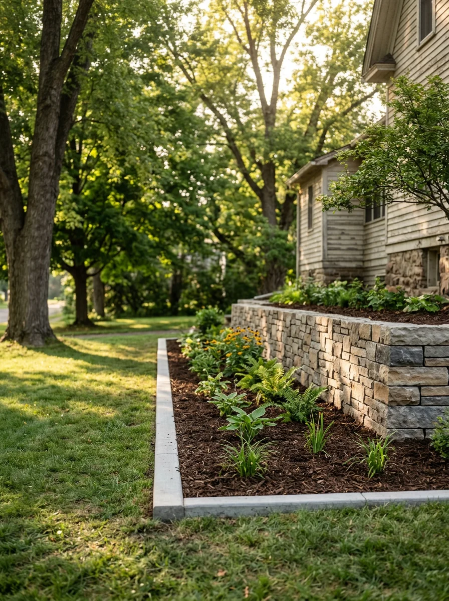 A retaining wall and concrete curb edging installation on an older residential property in Lindstrom, MN, with mature trees and a renovated planting bed in the foreground.