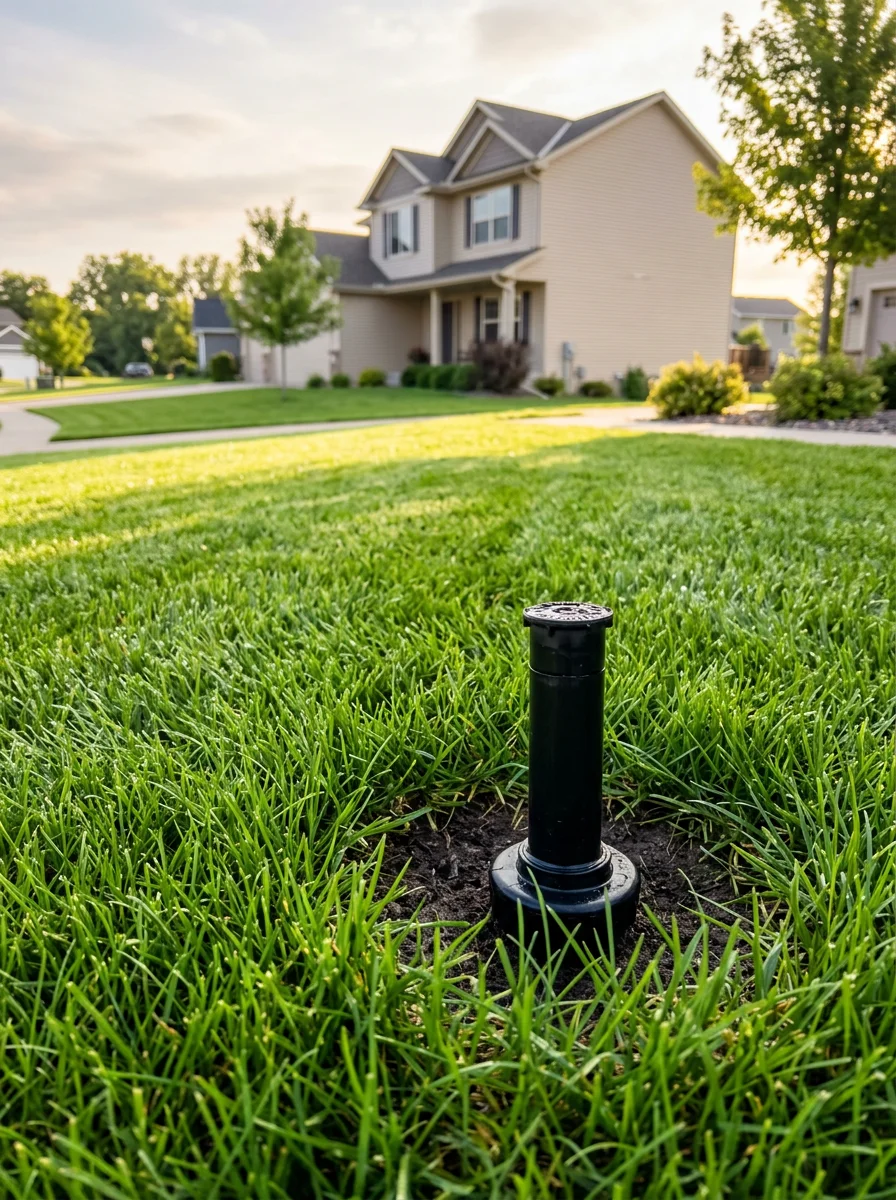 A freshly installed irrigation system head emerging from a sodded lawn in a Hudson, WI subdivision, with a newer home visible in the background.