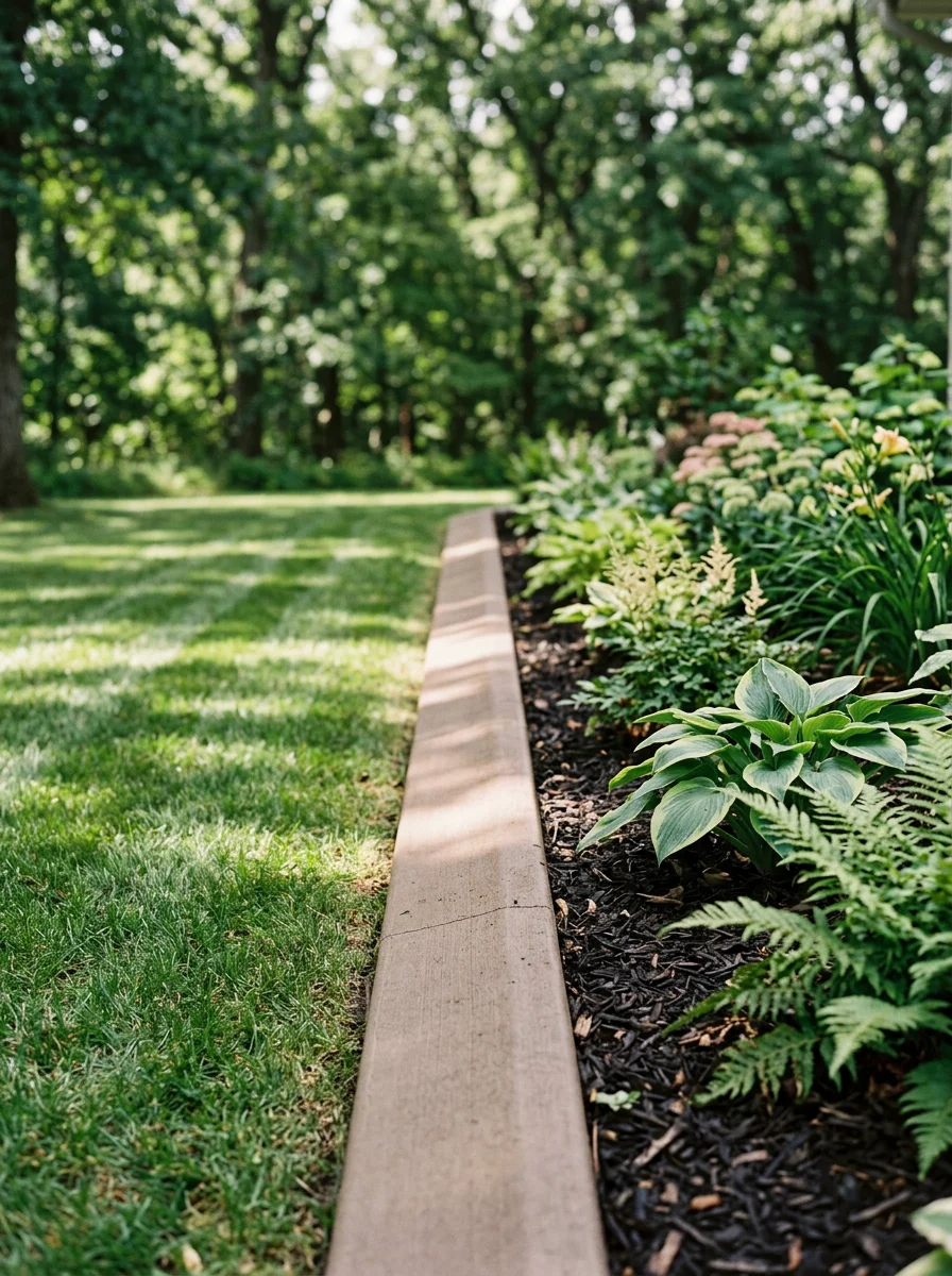 A close-up of freshly installed concrete curb edging bordering a perennial bed on a Lindstrom, MN residential property, with mature trees casting dappled shade across the lawn.