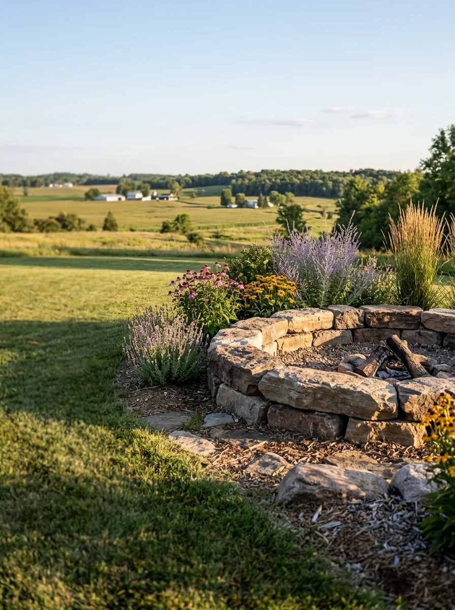 A stone fire pit surrounded by boulder edging and perennial plantings on a large rural lot near New Richmond, WI, with open rolling terrain visible beyond the yard.