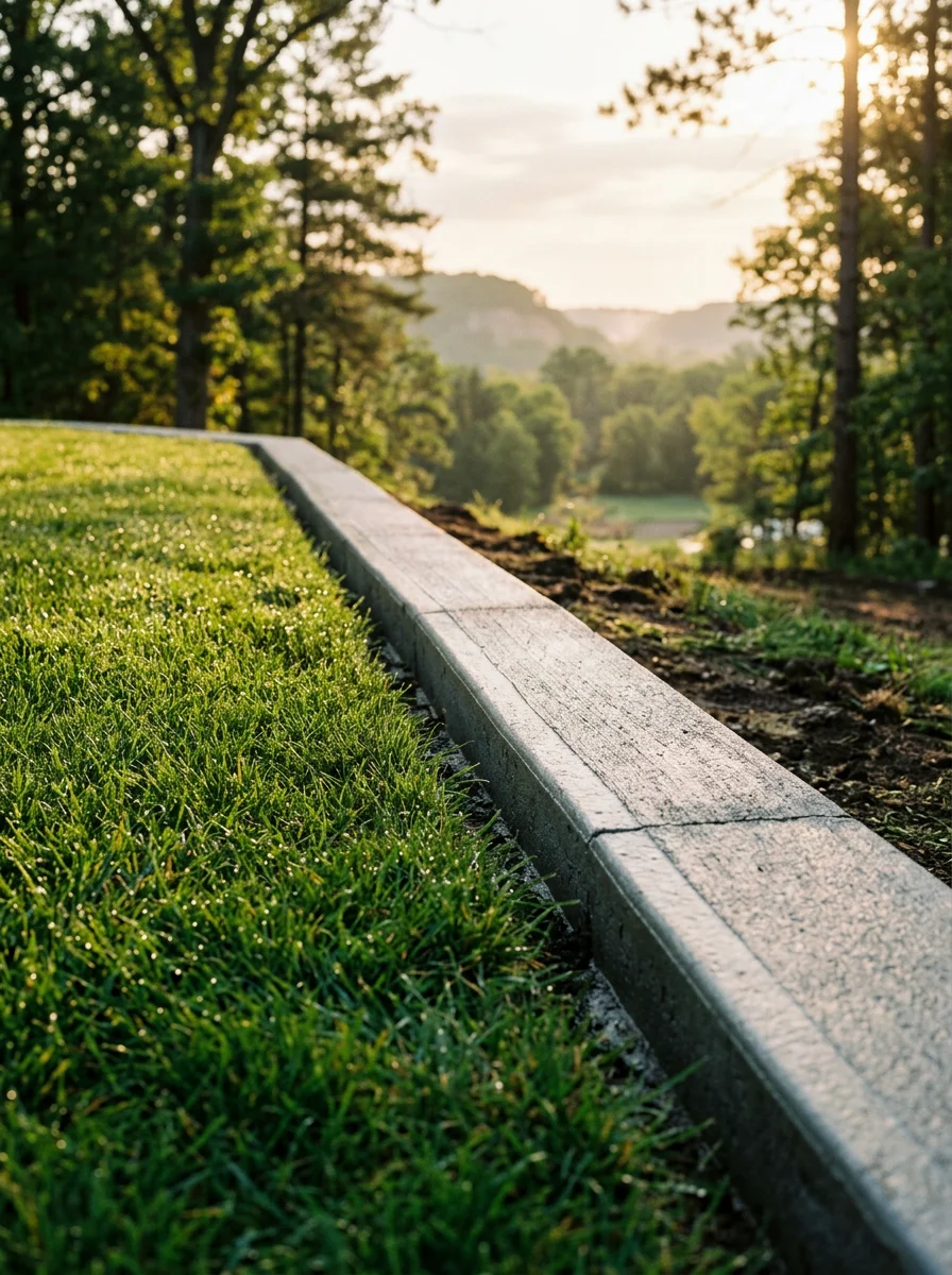 Close-up of concrete curb edging bordering a freshly sodded lawn on an Osceola, WI property with the St. Croix River bluffs visible in the background.