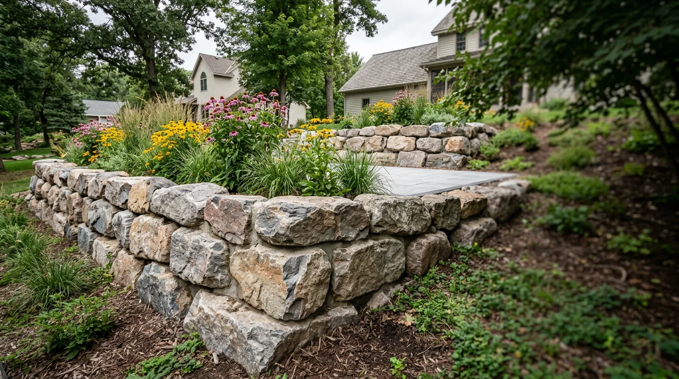 A boulder retaining wall holding a sloped residential lot in Osceola, WI, with perennial plantings along the top edge and a patio pad visible behind the wall.