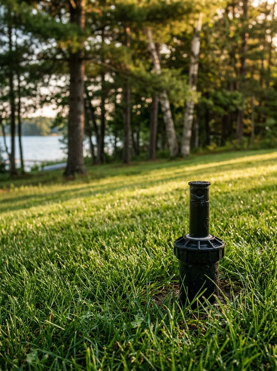 A residential irrigation system head installed in a Polk County, WI lawn near a lake-area property, with mature trees and a shoreline visible in the background.