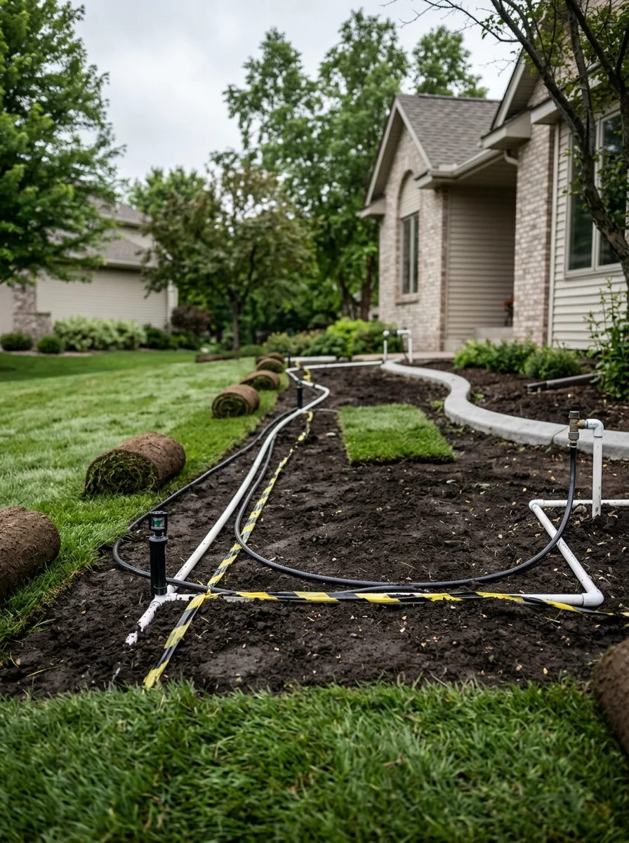 A freshly installed irrigation system and sod on a new Woodbury, MN subdivision lot, with concrete curb edging defining the planting beds along the front of the home.