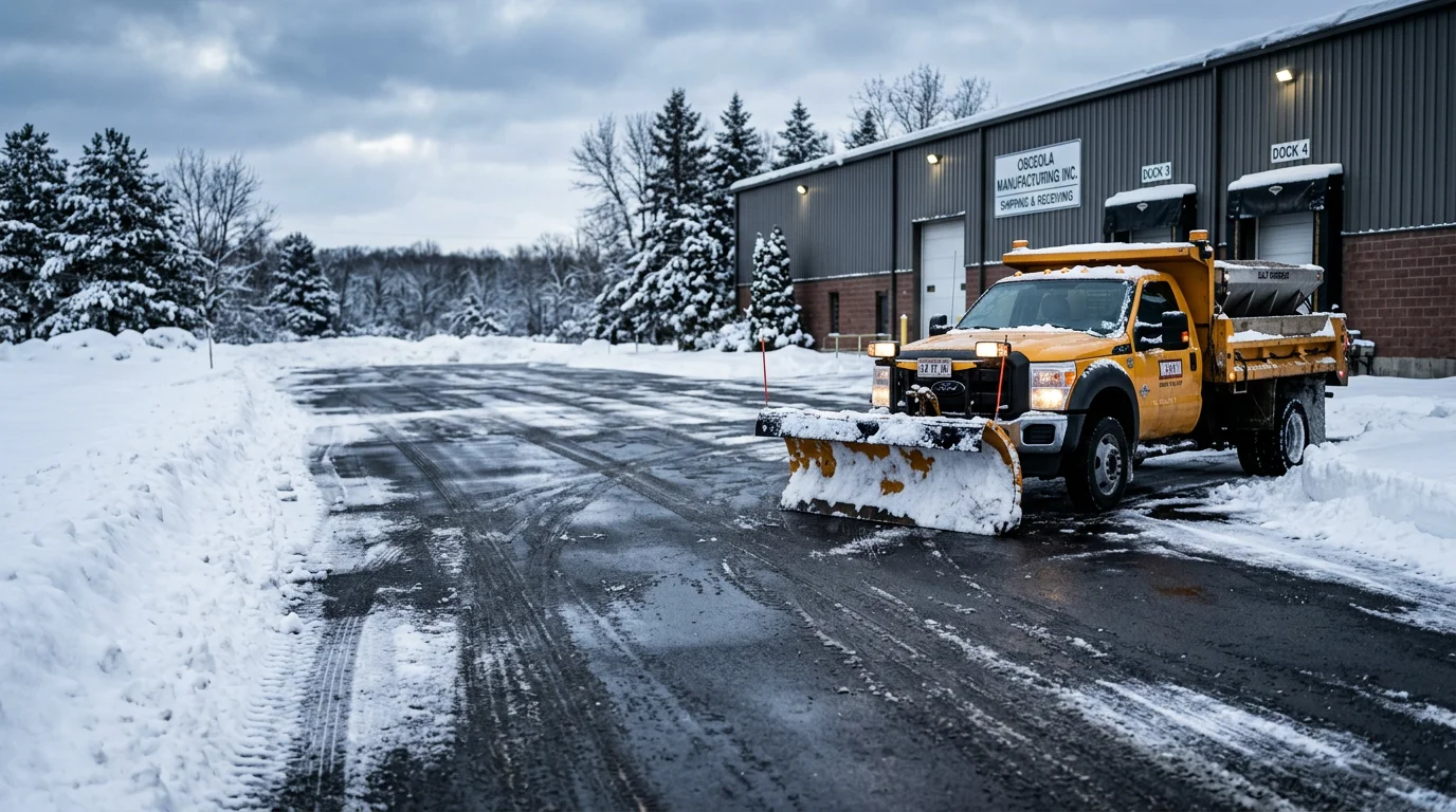 A commercial parking lot in Osceola, WI cleared of snow after a winter storm, with plowed snow stacked along the perimeter and dry pavement visible throughout the lot. A commercial building entrance with a cleared walkway is visible in the background.