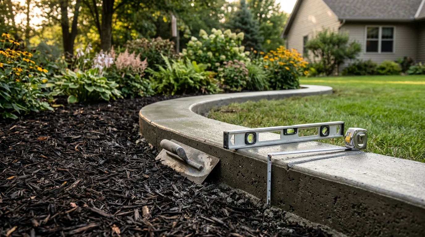 Freshly installed concrete edging forming a clean curved border along a garden bed at a residential property in Osceola, Wisconsin. Green lawn grass meets a defined concrete border with dark mulch and plants contained neatly inside the bed.