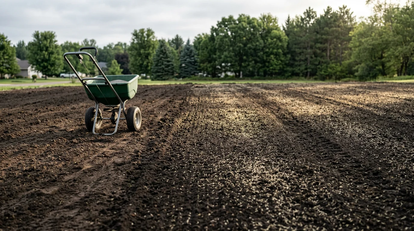 A freshly seeded lawn in Osceola, Wisconsin showing prepared soil with new grass seed spread evenly across a residential yard. The surrounding landscape reflects the open, wooded character typical of Polk County properties.