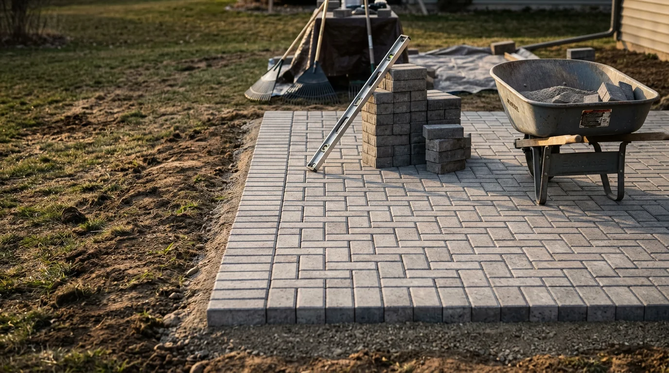 Completed hardscape patio installation in a residential backyard in Osceola, WI, showing a level paved surface with clean edges and surrounding lawn. The patio is set against a typical St. Croix River Valley home with mature trees in the background.