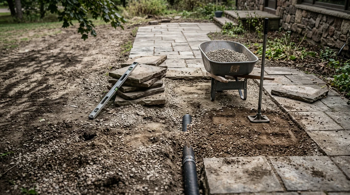 A repaired stone patio surface in Osceola, WI showing reset pavers and restored joints after freeze-thaw damage. Close view of a masonry contractor correcting a cracked and sunken walkway section in a residential backyard.