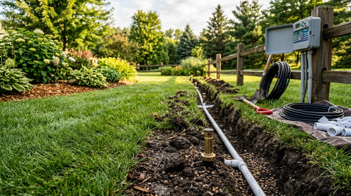 Freshly installed in-ground irrigation system with sprinkler heads positioned across a green residential lawn in Osceola, Wisconsin. Spray heads are active and covering an evenly watered turf area alongside a landscaped garden bed.