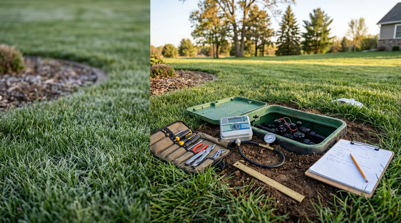 A Sunrise Lawns Landscaping & Irrigation technician inspecting a sprinkler head during an irrigation system maintenance visit at a residential property in Osceola, WI. Green lawn in the background with a sprinkler zone running during the zone check.