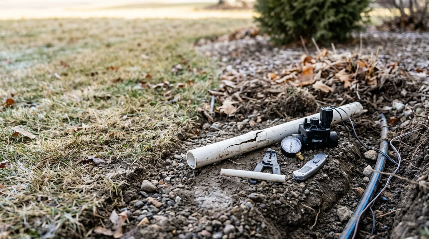 A irrigation system repair technician inspecting a sprinkler head and zone valve in a residential lawn in Osceola, Wisconsin. The surrounding turf shows the uneven wet and dry patches typical of a faulty irrigation zone in the St. Croix Valley region.