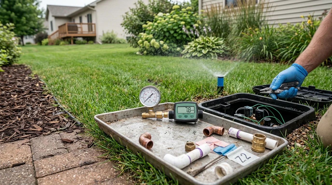 An irrigation technician adjusting a sprinkler head in a residential lawn in Osceola, WI, with green turf and a suburban home visible in the background. The technician is inspecting zone coverage as part of a seasonal irrigation system servicing visit.