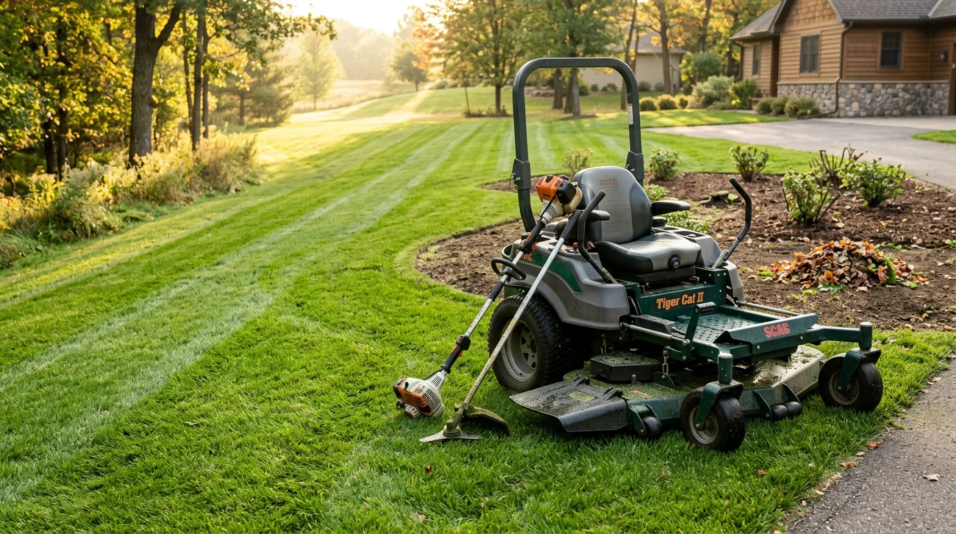 A neatly mowed and edged residential lawn in Osceola, Wisconsin with trimmed shrub beds and clean property lines on a clear summer day. Sunrise Lawns Landscaping & Irrigation crew maintaining a Polk County property during the active growing season.