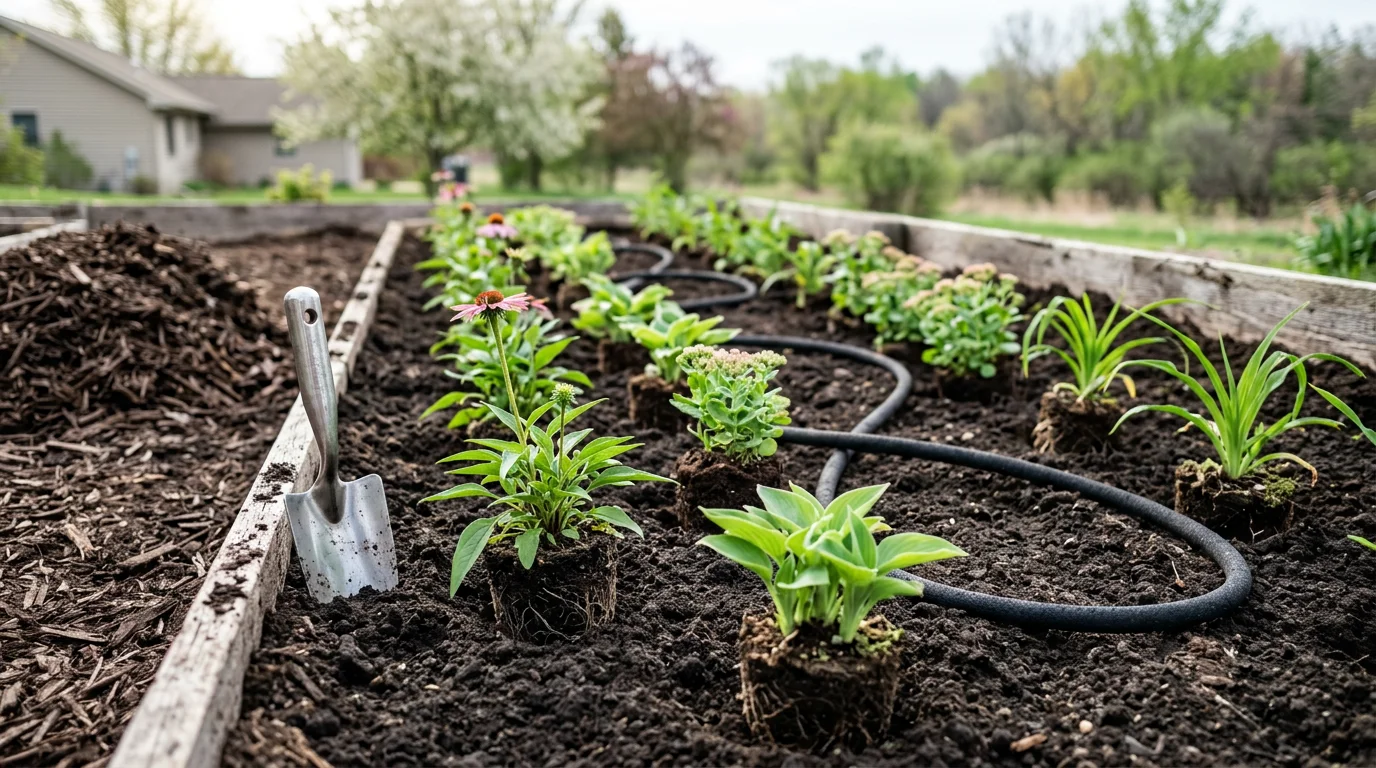 A professionally installed perennial garden bed in front of a residential home in Osceola, WI, showing a mix of cold-hardy flowering plants in full summer bloom. Mulched beds with varied plant heights frame the property's front foundation.