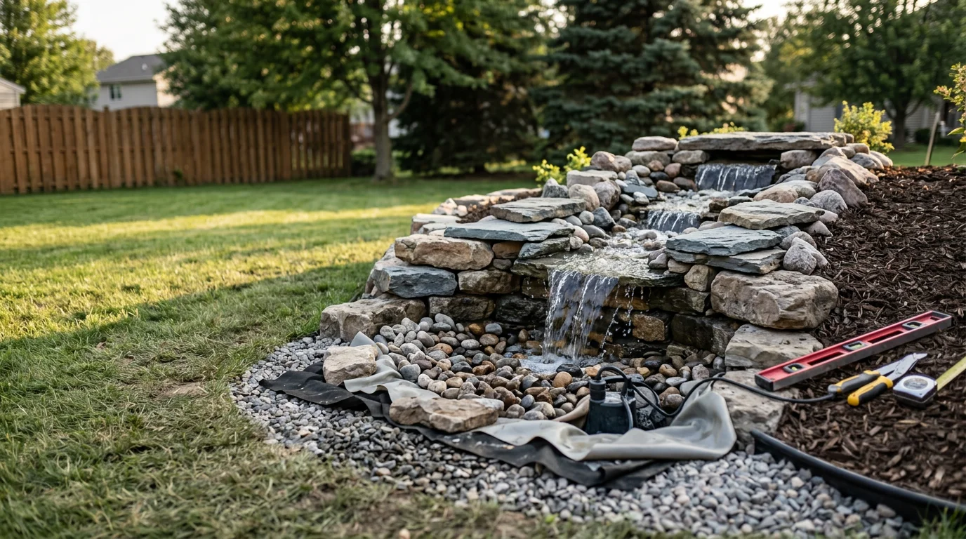 A completed pondless water feature installed in a residential backyard in Osceola, Wisconsin, with water cascading over natural stone into a hidden rock-covered reservoir. Surrounding plantings and a lawn border frame the feature against a typical Midwest property setting.