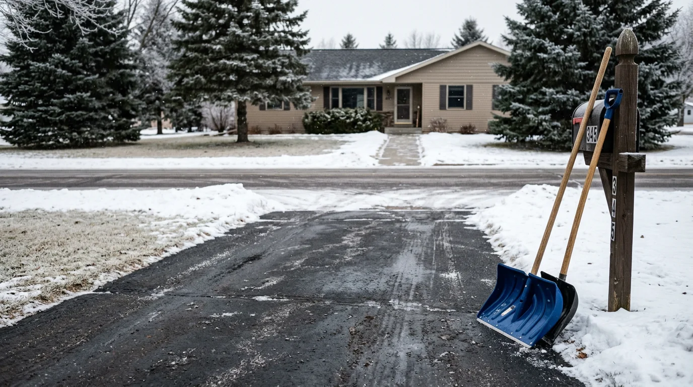A cleared residential driveway and sidewalk in Osceola, WI after a winter snowfall, with snow pushed to the edges and a safe path visible to the front door. Surrounding trees and a typical Polk County home are visible in the background.