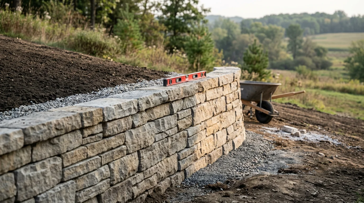 A finished retaining wall built from stacked masonry block along a sloped residential backyard in Osceola, Wisconsin, with level lawn space created behind the wall and surrounding landscaping in place.