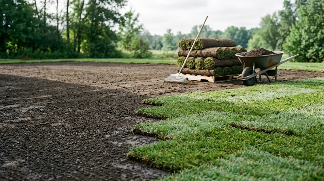 Freshly installed sod covering a residential lawn in Osceola, WI, with clean edges along a driveway and uniform green turf across the full yard. A landscaper from Sunrise Lawns Landscaping & Irrigation smooths a sod seam during installation on a clear Midwest afternoon.