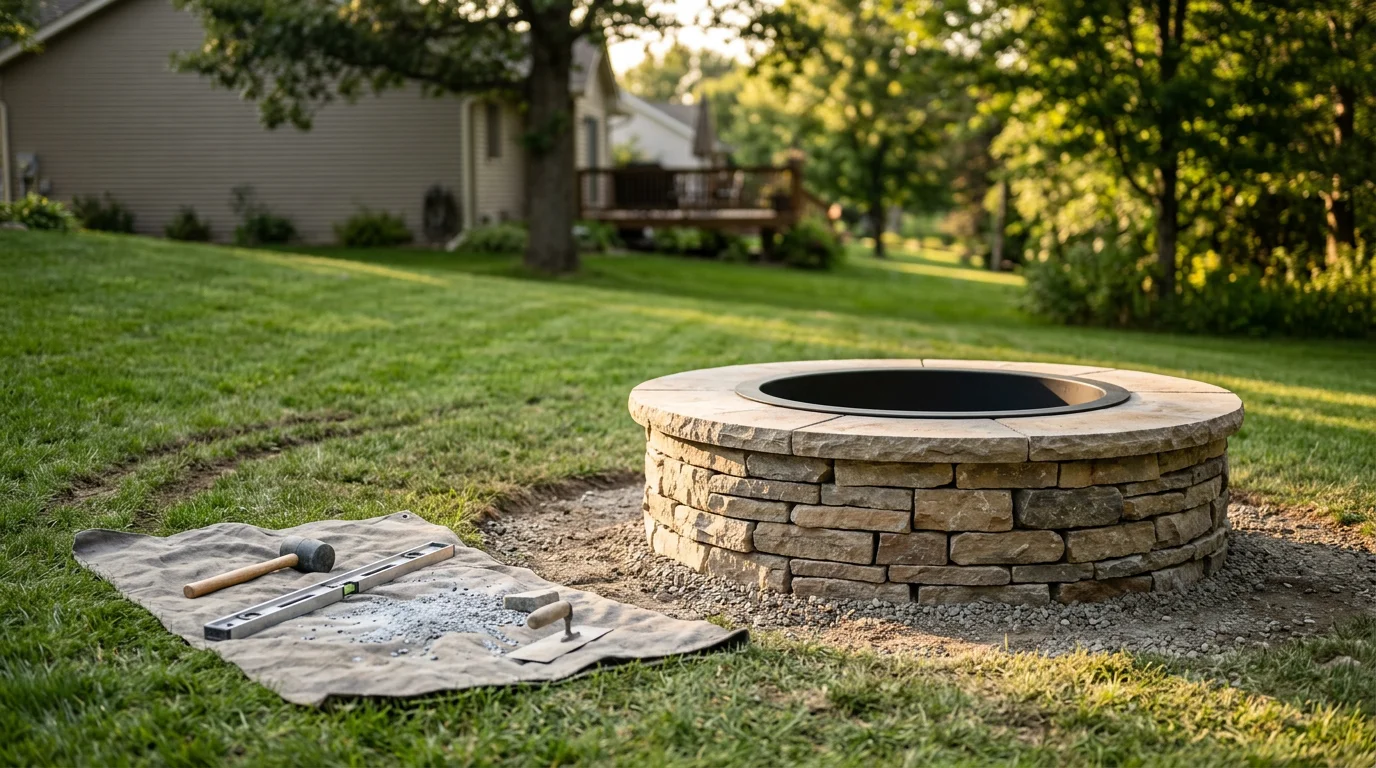 A completed custom stone fire pit installed in a residential backyard in Osceola, WI, surrounded by a level stone base and open lawn. The fire pit features stacked natural stone walls with a wide seating clearance on all sides.