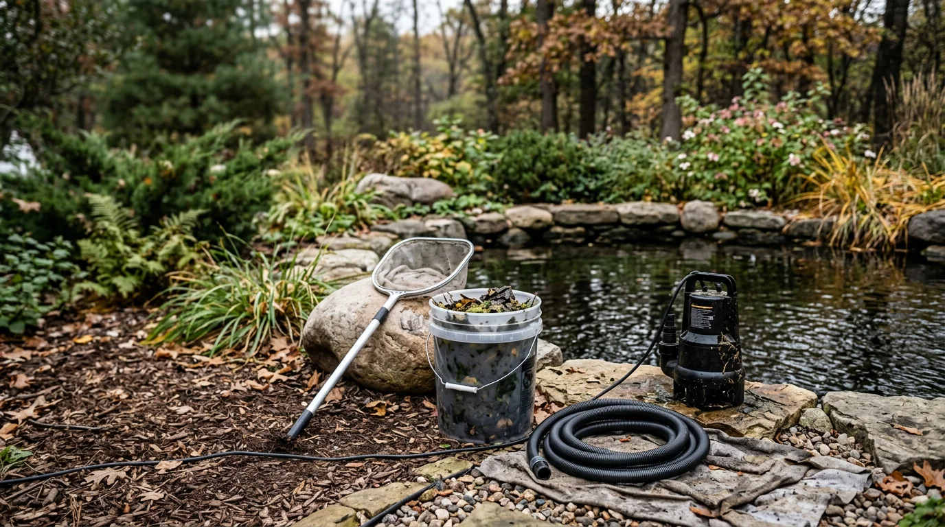 A clean, clear backyard pond with a small waterfall surrounded by natural stone and green plantings in a residential yard in Osceola, Wisconsin. A technician from Sunrise Lawns Landscaping & Irrigation inspects the pump and filter during a seasonal maintenance visit.